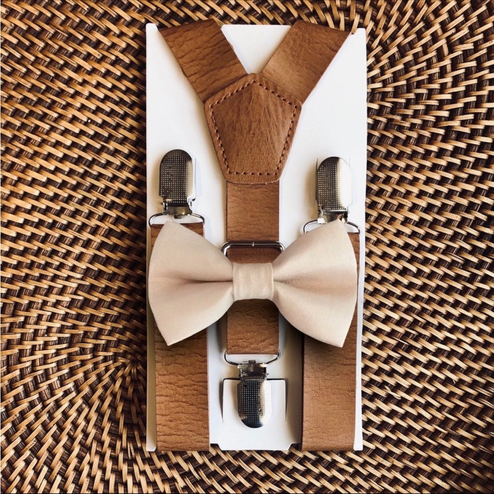 Children’s Champagne Bow Tie & Leather Suspenders